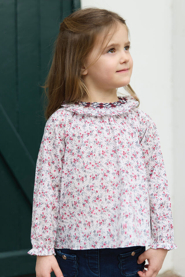 Çiçek Desenli Koton Bluz Ekru - 2Y