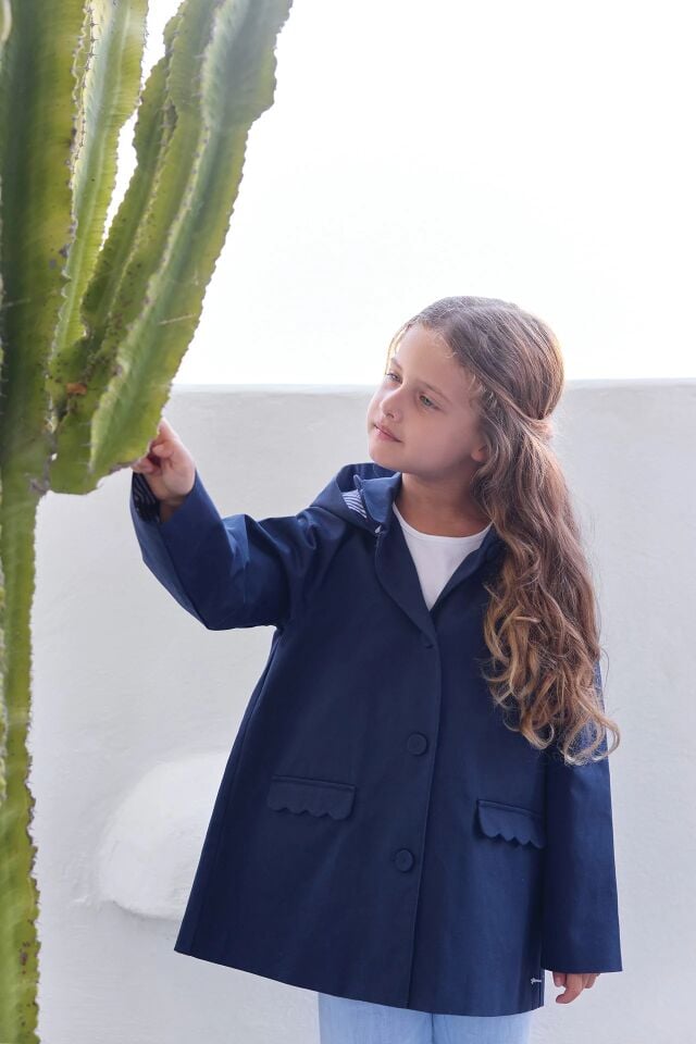 Kapüşonlu Coton Trenchcoat Marine - 8Y