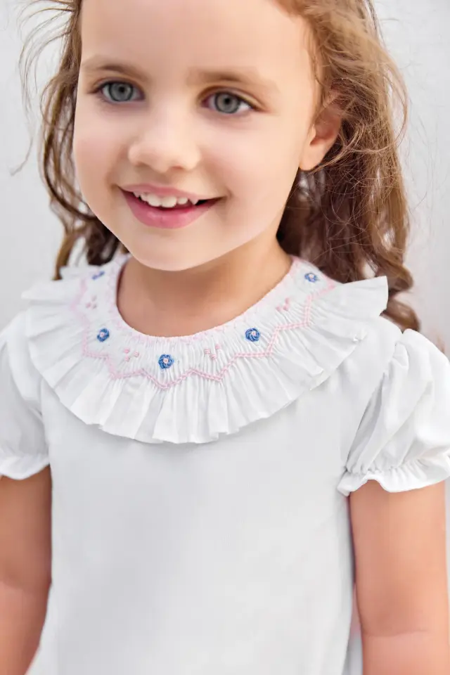 Nakışlı Dantel Yakalı Body Blanc - 1Y