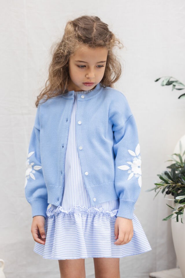 Çiçek Nakışlı Triko Hırka Mavi - Azur - 6Y