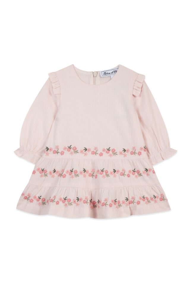 Çiçek Nakışlı Elbise Soft Pembe - 1Y