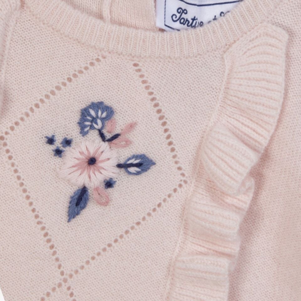 Çiçek Nakışlı Kazak Soft Pembe - 1Y
