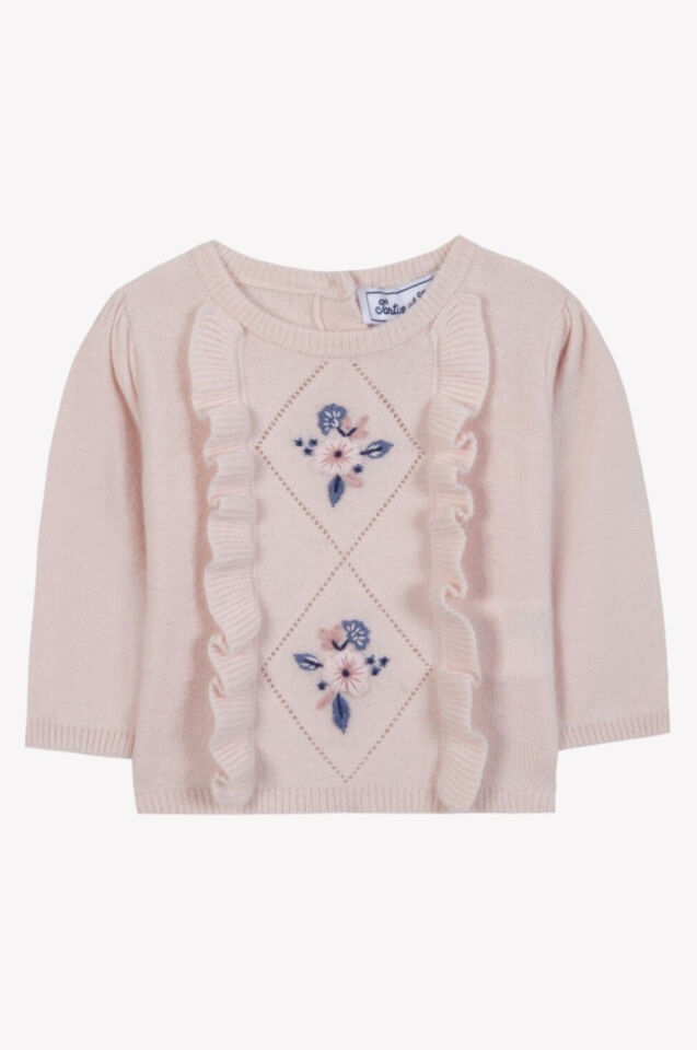 Çiçek Nakışlı Kazak Soft Pembe - 2Y