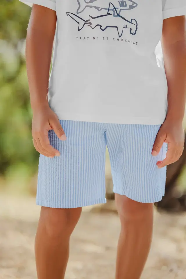 Çizgili Coton Şort Mavi - 6Y