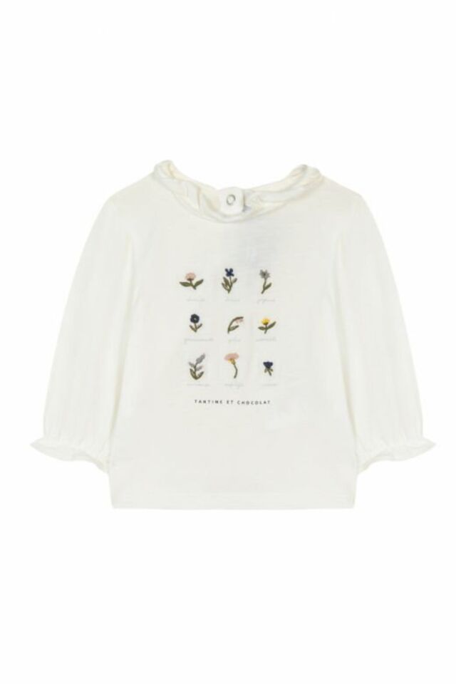 çiçek nakışlı T-Shirt Ekru - 2Y