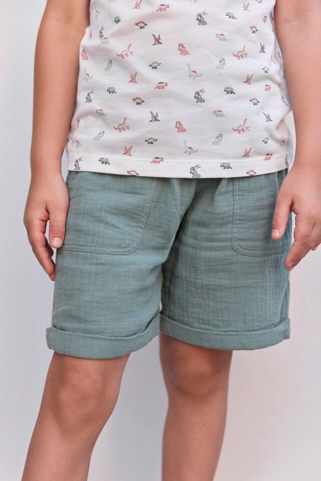 Düğmeli Coton Şort Kaki - 8Y