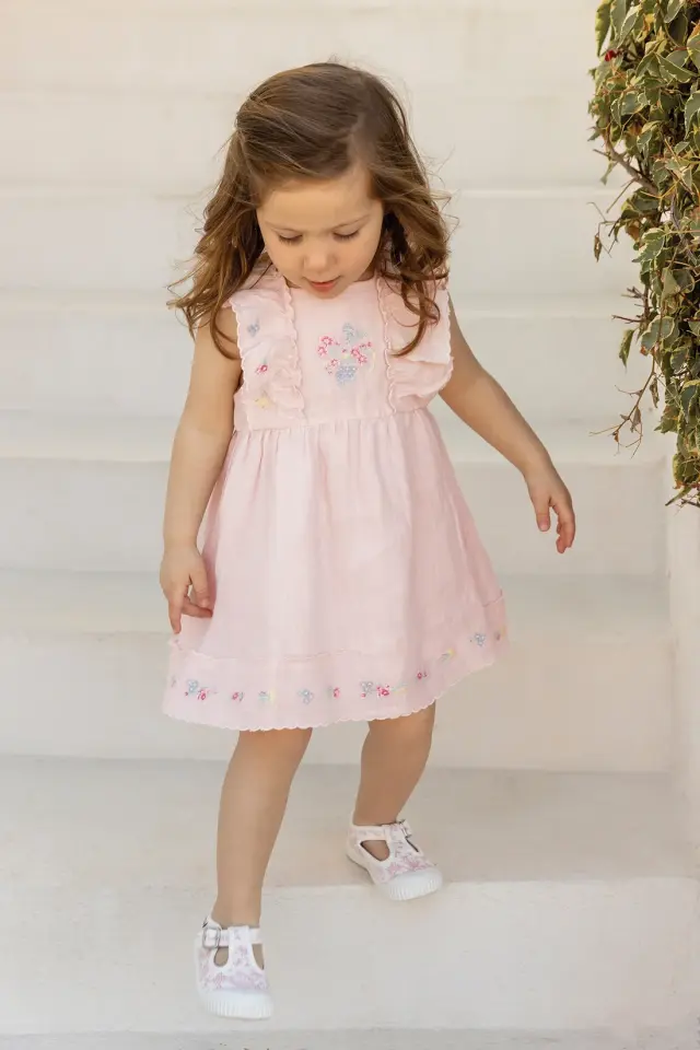 Nakışlı Keten Elbise Rose pâle - 1Y
