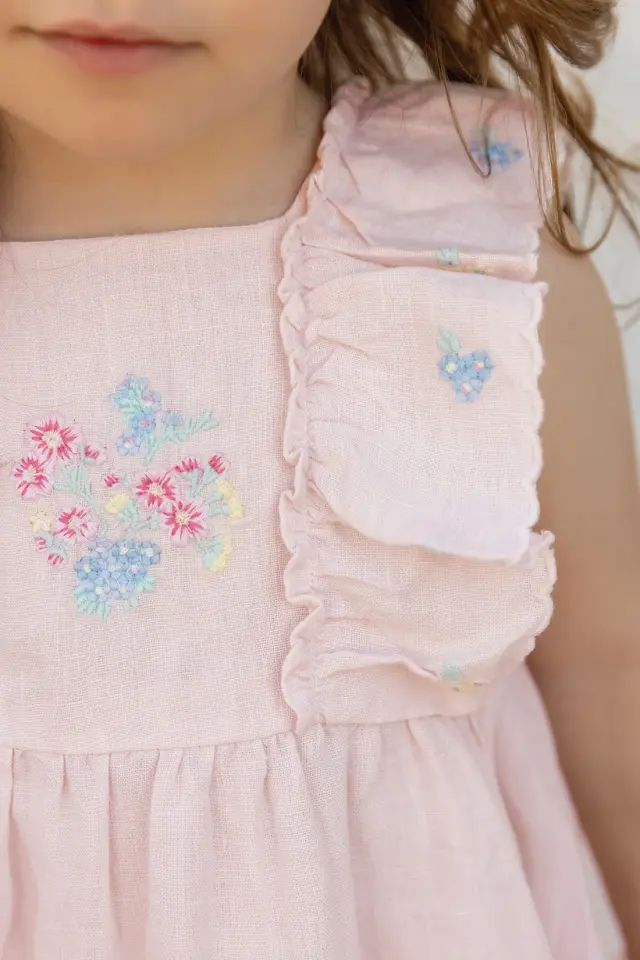 Nakışlı Keten Elbise Rose pâle - 6M