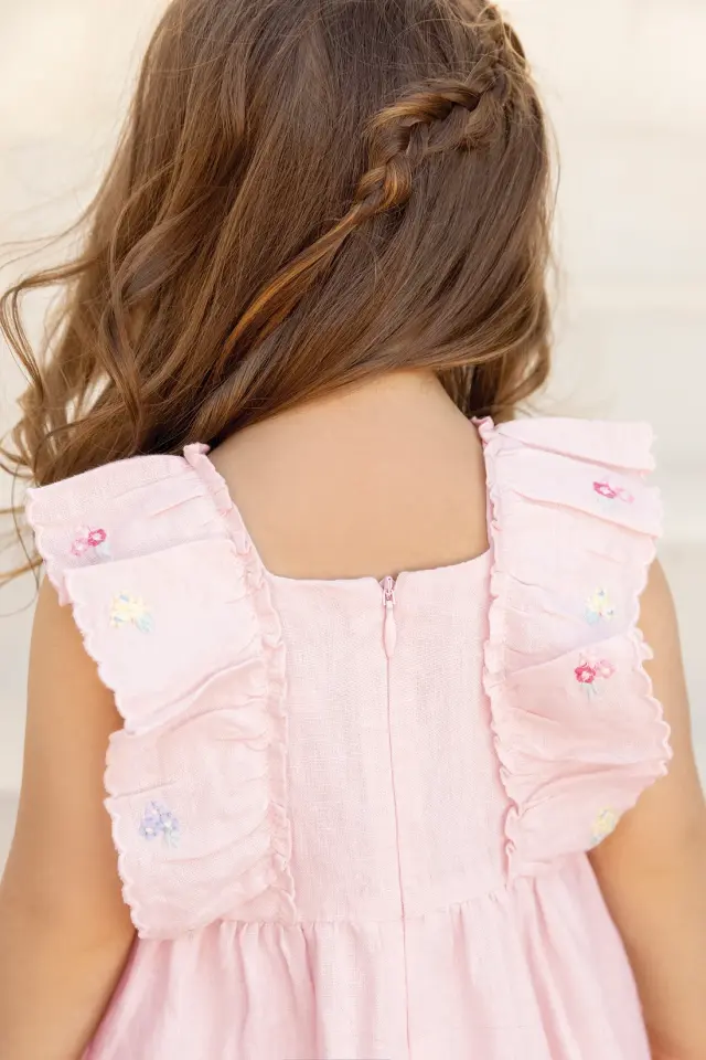Nakışlı Keten Elbise Rose pâle - 9M
