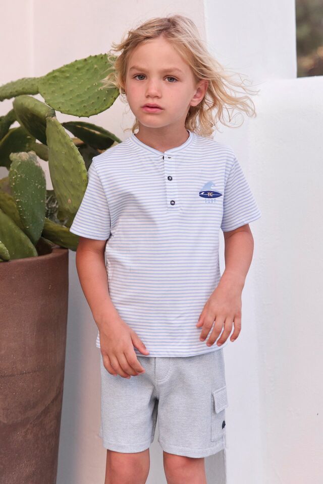 Kısa Kollu Çizgili T.Shirt Mavi - Nuage - Nuage chiné - 5Y