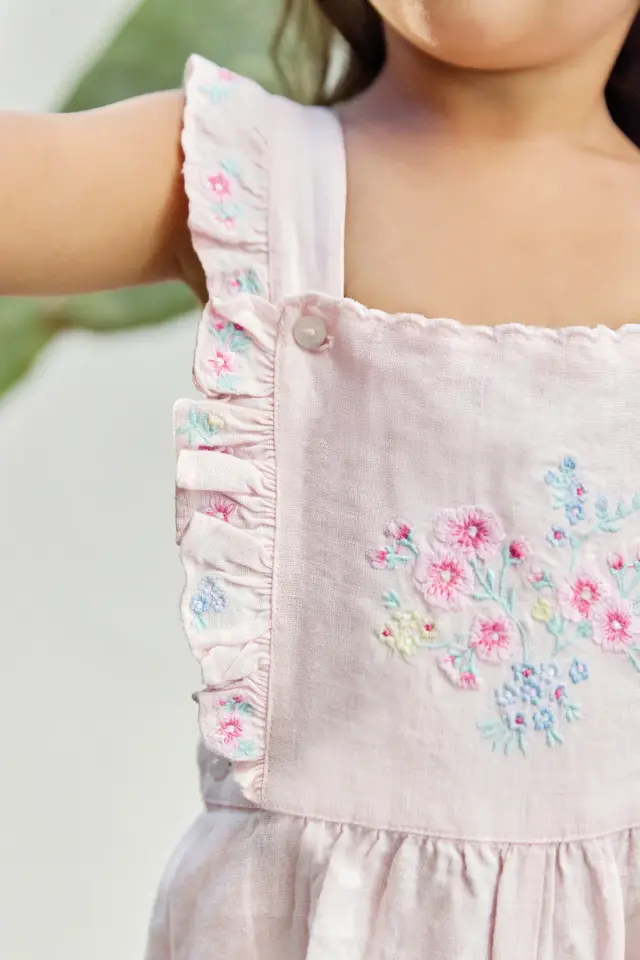 Nakışlı Keten Salopet Rose pâle - 3M
