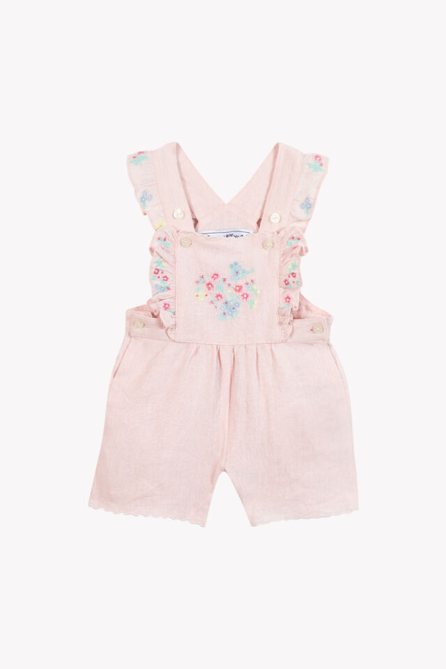 Nakışlı Keten Salopet Rose pâle - 3M