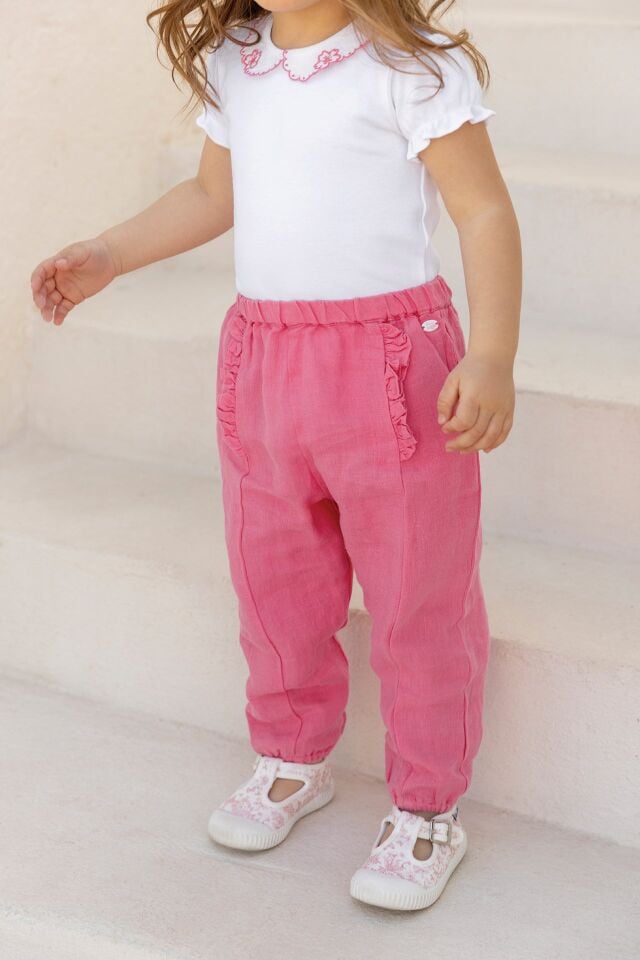 Düz Renk Keten Pantalon Bougainvillier - Begonvil - 3Y