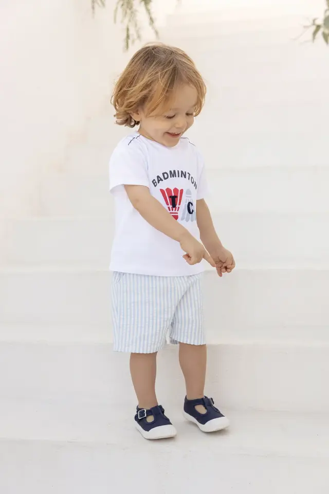 Çizgili Coton Şort Mavi - 4Y