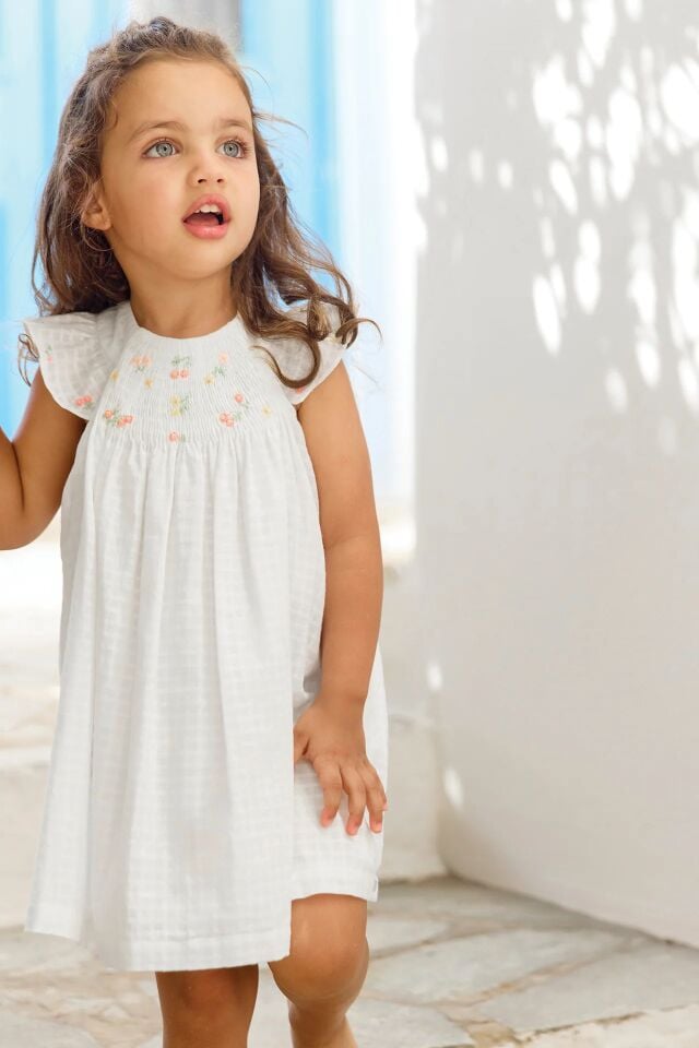 Nakışlı Coton Elbise Blanc - 18M