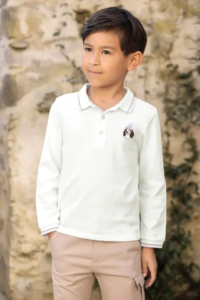 Uzun Kollu Polo Yaka T-Shirt Ekru - 10Y