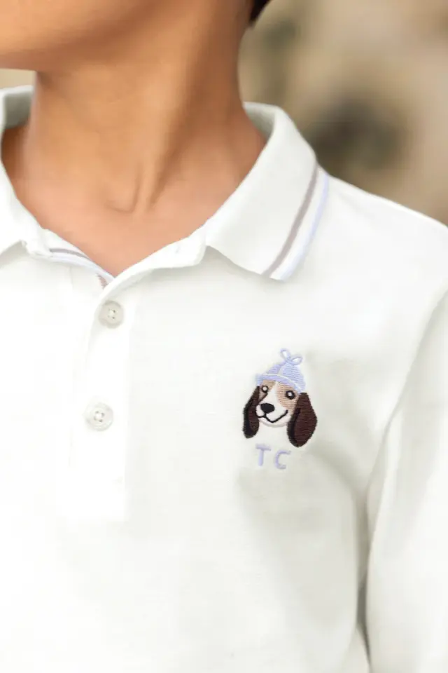 Uzun Kollu Polo Yaka T-Shirt Ekru - 10Y