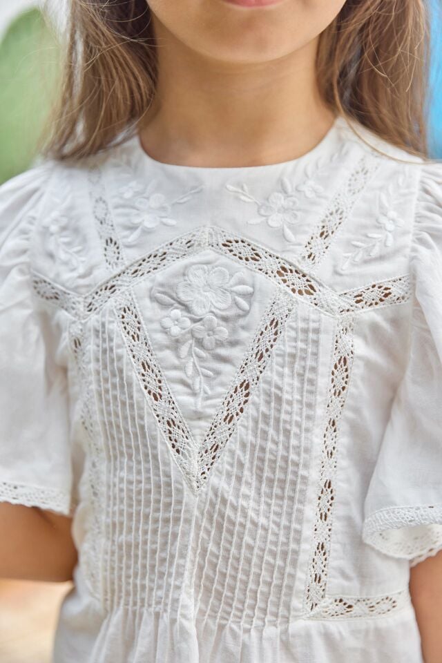 Nakışlı Coton Bluz Beyaz - 10Y