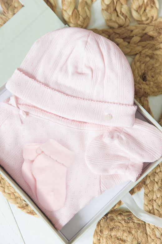 Bebek Bone + Patik + Eldiven + Zıbın Set Soft pembe - T1
