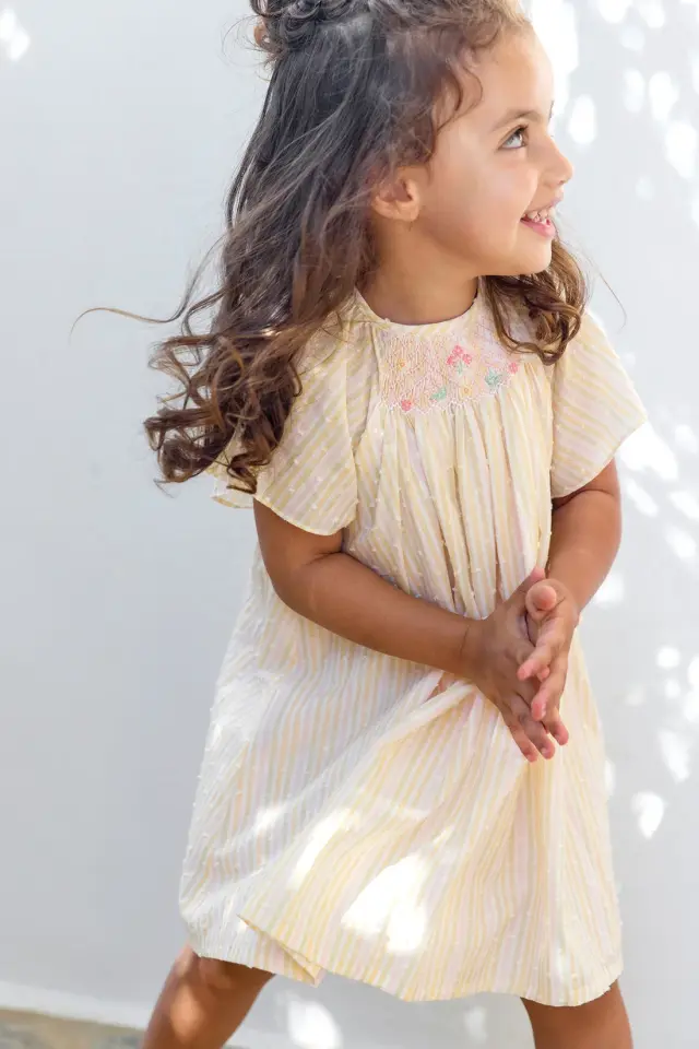 Çizgili Coton Elbise Rose pâle - 18M