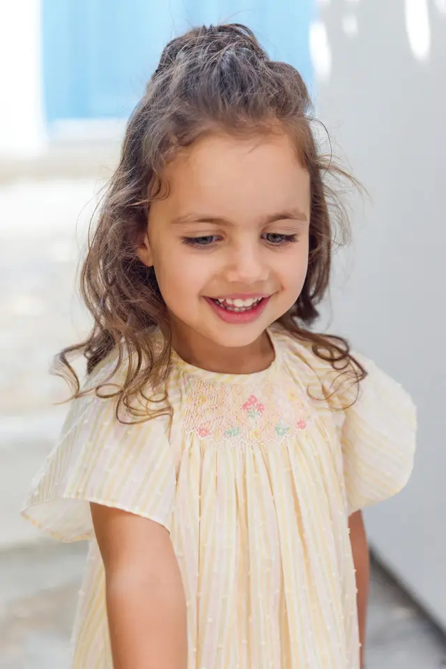 Çizgili Coton Elbise Rose pâle - 18M