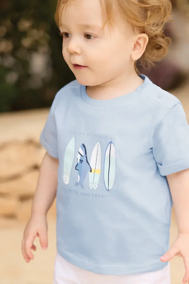 Surf Baskılı Kısa Kollu T-Shirt Bleu électrique - 3Y