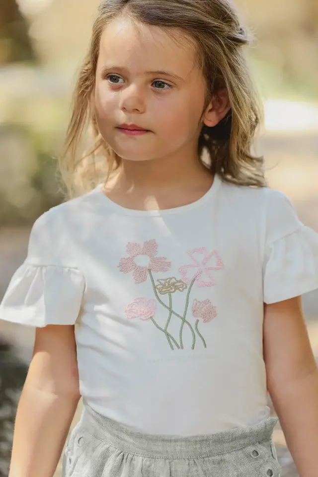 Çiçek Baskılı T-Shirt Nacre - 4Y